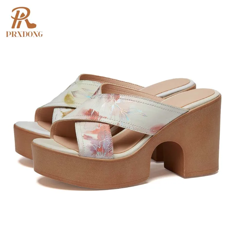 PRXDONG Women Sandals 2024 New Summer Qulaity Genuine Cow Leather High Heels Platform Open Toe Dress Party Casual Slippers 34-39