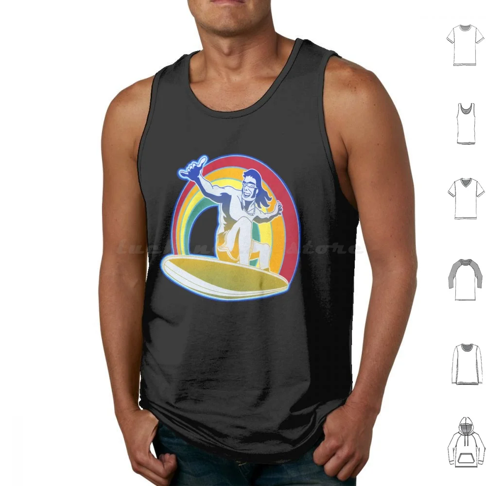 Vintage Seventies Groovy Retro Style Cool Rainbow Surfer Dude On Surfboard Tank Tops Print Cotton Retro Seventies