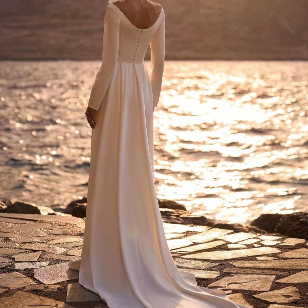 Customized Chic Solid Satin Sleeve Bridal Gown Draped Cowl Neck Low Open Back Mermaid Simple Outdoor Wedding Dresses Long Train