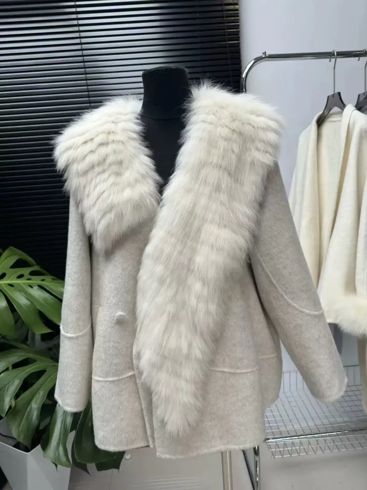 เสื้อคลุมขนแกะสำหรับผู้หญิง ฤดูใบไม้ร่วง ฤดูหนาว แต่งปกขนจิ้งจอก ผสมขนแกะแท้ ทรงหลวม สไตล์เก๋ไก๋ เหมาะสำหรับงานปาร์ตี้ พร้อมเชือกผูก