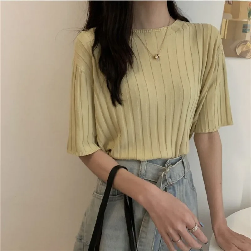 Ice Silk T-shirt Women\'s Thin Short Sleeved Knitwear New Large Loose and Slim Medium Sleeves Bottom Round Neck Casual Top