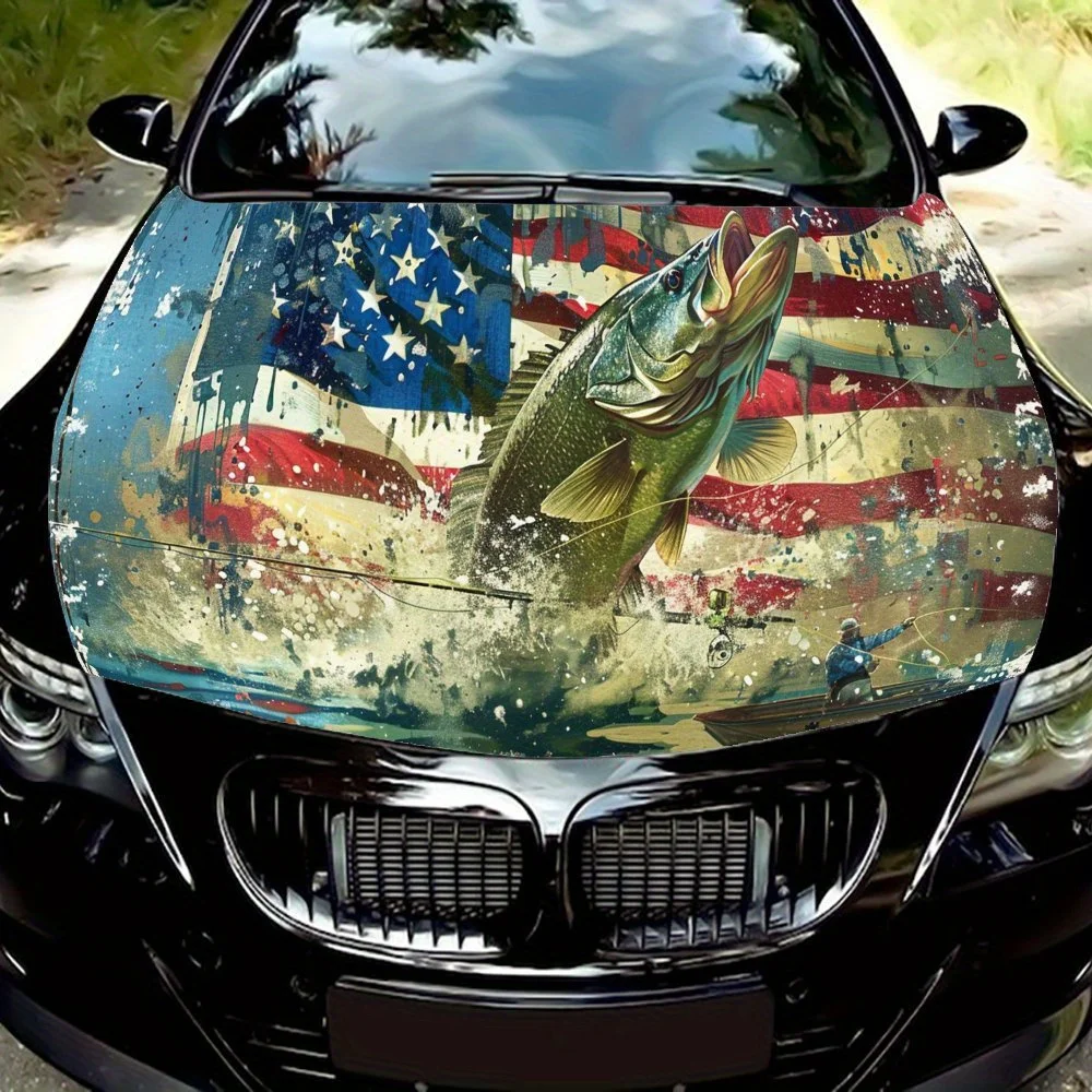 

USA Flag Fish PVC Car Vinyl Wraps, Self-Adhesive Waterproof Car Hood Decal Sticker, Car Decoration Protection Stickers for Truck