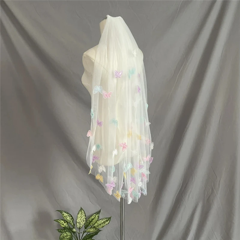 Colorful Butterflies Floral Wedding Bridal Veils With Comb Fingertip Accessories For Brides Blue Pink Purple Yellow Unique Short