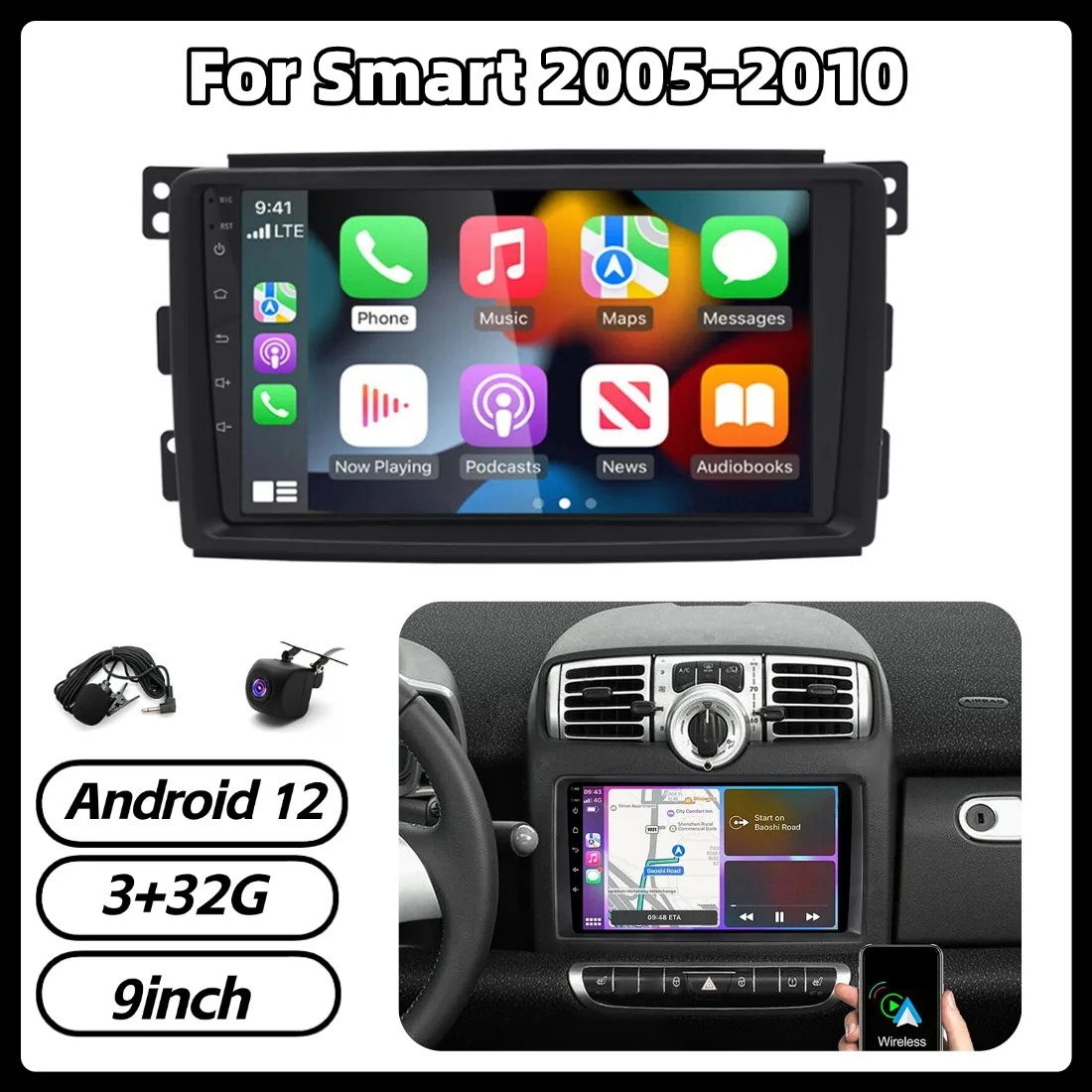 

2+32G 9in Car Stereo GPS Navigation For Smart 2005-2010 Radio For Carplay Android Auto Bluetooth FM/RDS SWC AHD Backup Camera
