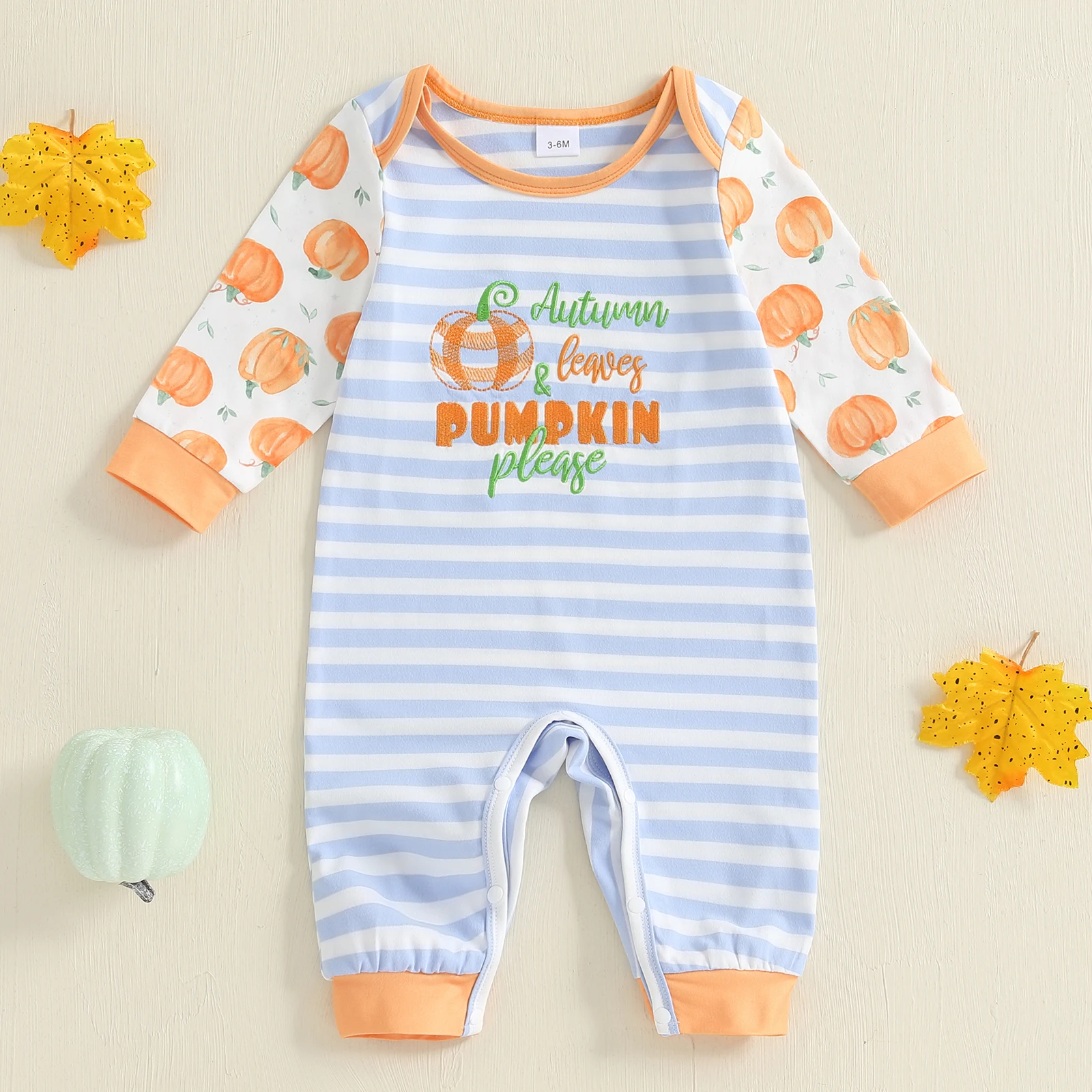 

Lioraitiin Baby Boys Halloween Striped Jumpsuit Long Sleeve Crewneck Letter Pumpkin Embroidery Romper