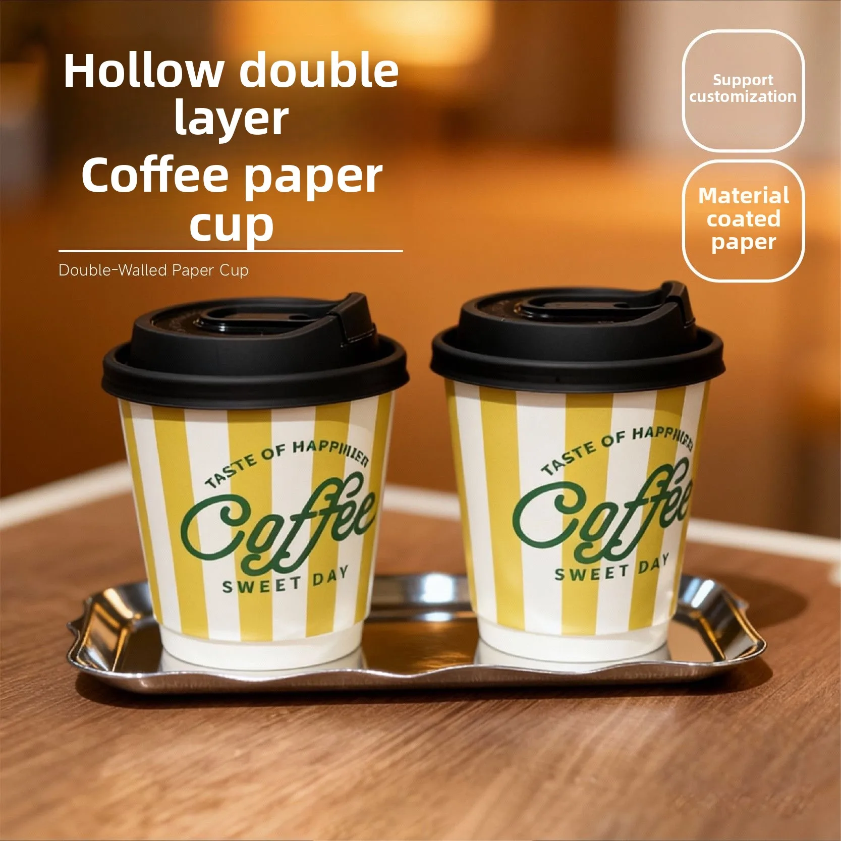 Disposable coffee cup double-layer hollow paper cup 90 caliber thickened high temperature resistant hot drink paper cup with lid