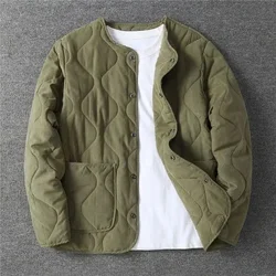 Chaqueta acolchada con cuello redondo para hombre, abrigo grueso verde militar Retro, versátil, con botones, talla grande, otoño e invierno, 2023