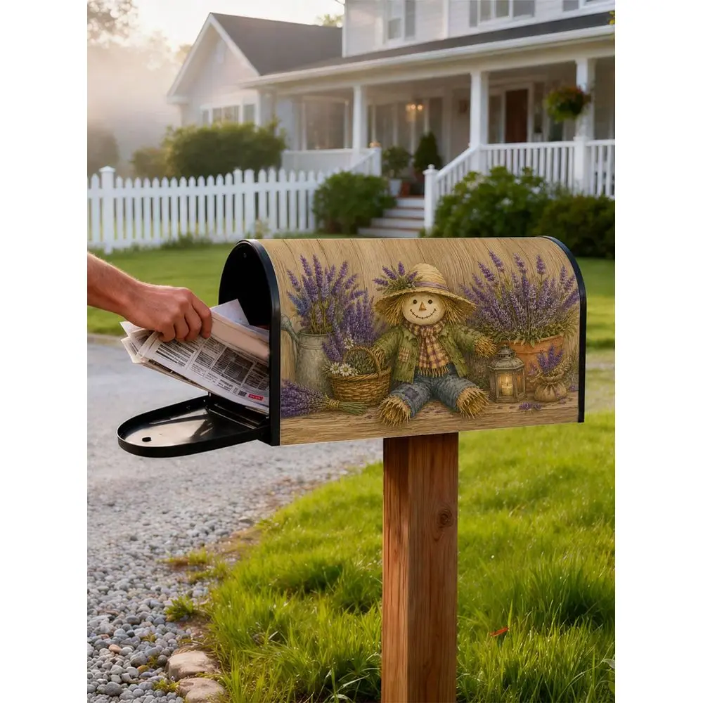 2D Flat Design Scarecrow And Lavender Pattern Mailbox Cover For Garden Cottagecore Rustic Decor Fall Season Gift For Home