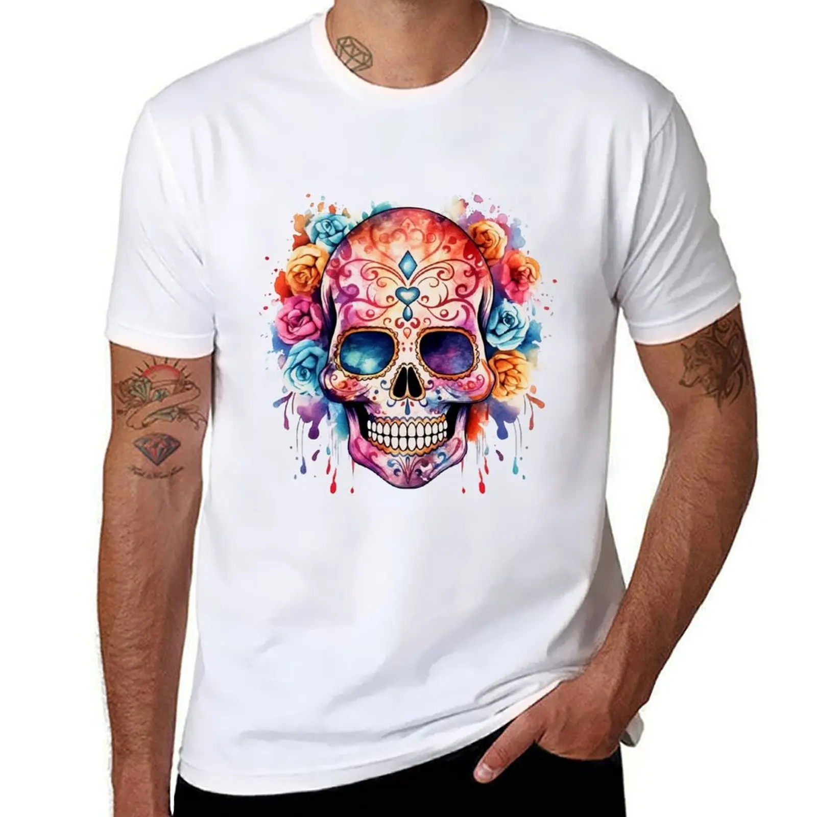 

Hand Drawn Watercolor Sugar Skull T-Shirt mens graphic t shirts t shirts for man slim fit T-Shirt