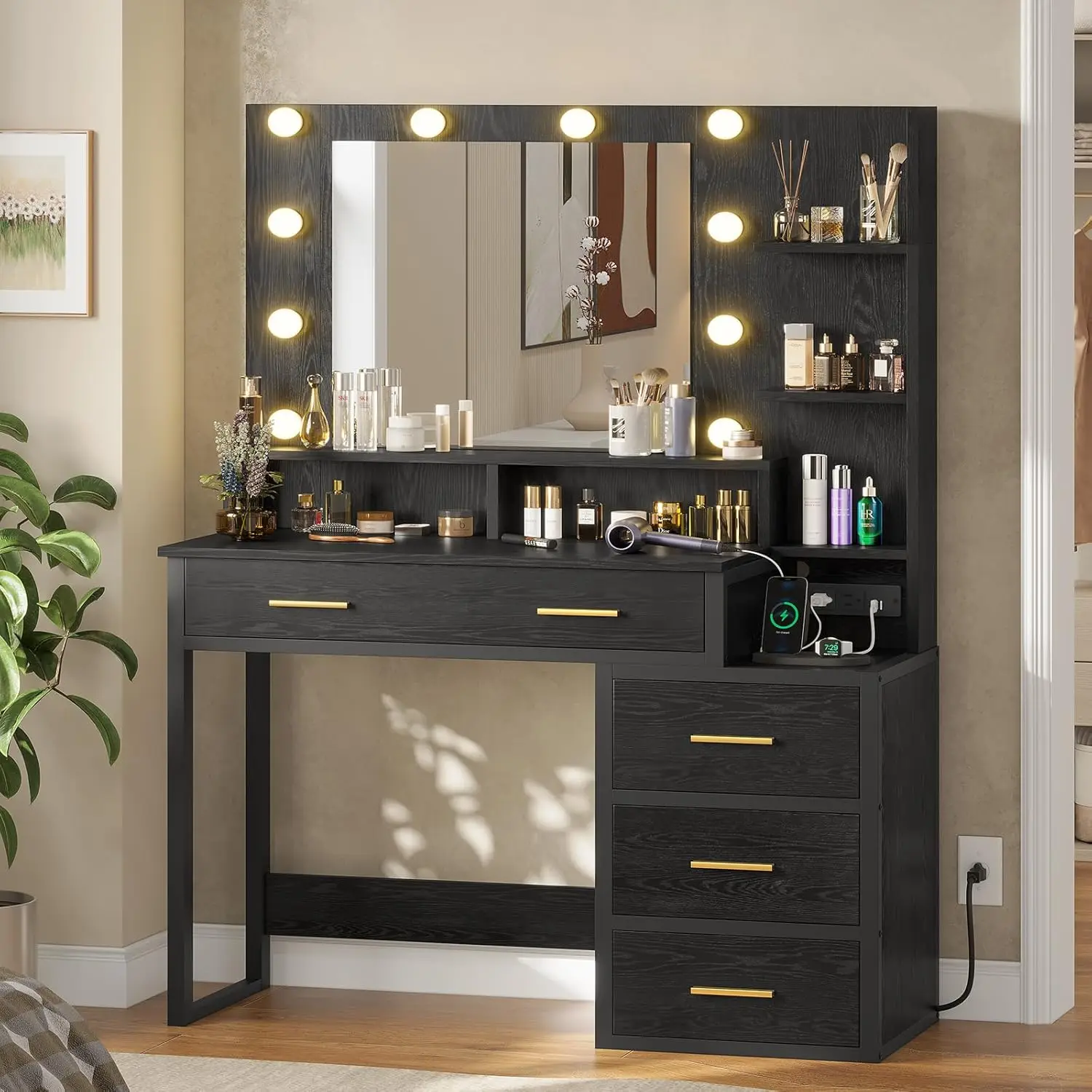 Coiffeuse de maquillage avec lumières, bureau avec station de charge, table noire, miroir 10 ampoules, 3 modes d'éclairage