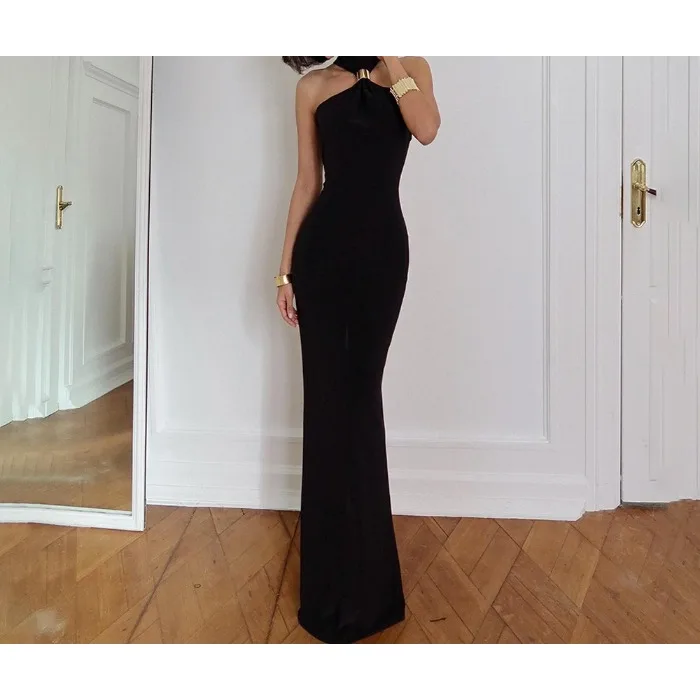 

Sexy Knit Maxi Dress For Women Turtleneck Off-shoulder Gown skirt Metal Buckle Strapless Sleeveless High Waist Knitted Dresses