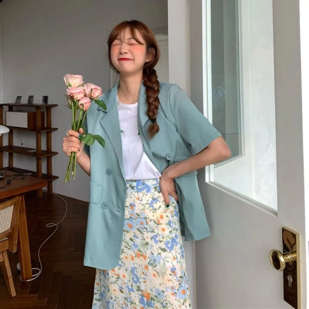 

V-neck Short Sleeve Suit Simple Thin Large Size Business Style Suit Coat Flip Collar Candy Color Women's Suit Top Spring Summer
