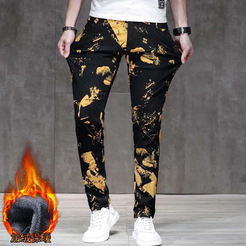 Autumn and winter padded thickened gold color painting printing men's jeans street fashion Slim thin elastic casual black pants