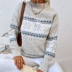 Femme 2024 Fall Winter Snowflake Pattern Christmas Sweater Women Round Neck Long Sleeve Elegant Female Knit Pullover Tops