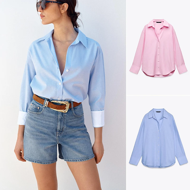 เสื้อผ้าผู้หญิงสำหรับฤดูใบไม้ผลิและฤดูร้อน ทรงหลวม ปกเสื้อแบบยาว ผ้าผสม ชายเสื้อไม่เท่ากัน สไตล์ลำลอง ป้องกันรังสียูวี สีพื้น