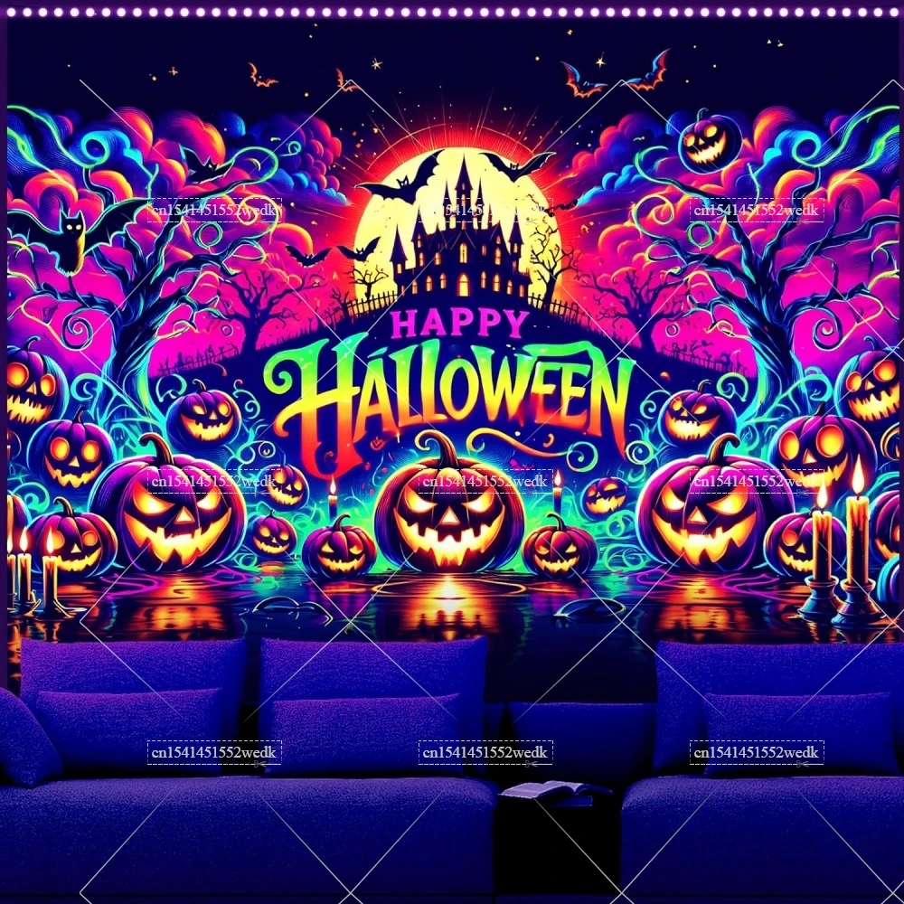 Im Dunkeln leuchtender Schwarzlicht-Halloween-Wandteppich, UV-reaktive Kürbislaterne, leuchtende Wandteppiche, Totenkopf, fluoreszierende Party-Hintergründe