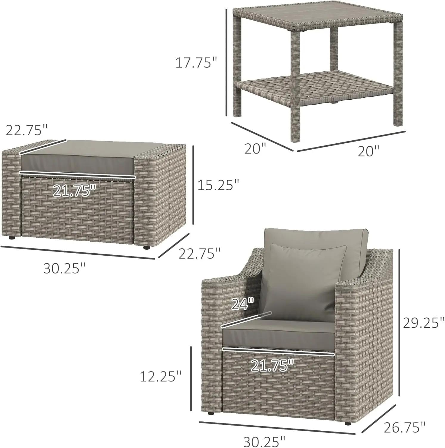 Patio Furniture Set, All Weather PE Rattan Conversation Chair, and Ottoman Set with Coffee Table, Cushions & Pillows Included