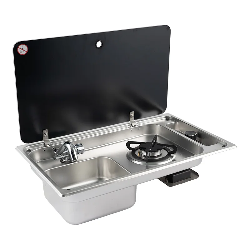 RV Caravan Stainless Steel Integrated Gas Stove and Sink Combo with Tempered Glass Lid 1 Burner Cooktop Kitchen Sink for RV Boat view 6