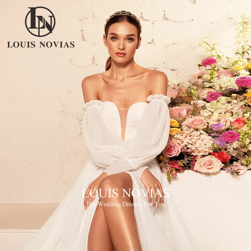 LOUIS NOVIAS Spitzenhochzeitskleid mit abnehmbaren drapierten Puffärmeln, trägerlosem Pinselschleppe, rückenfreiem Brautkleid, Vestidos De Novia