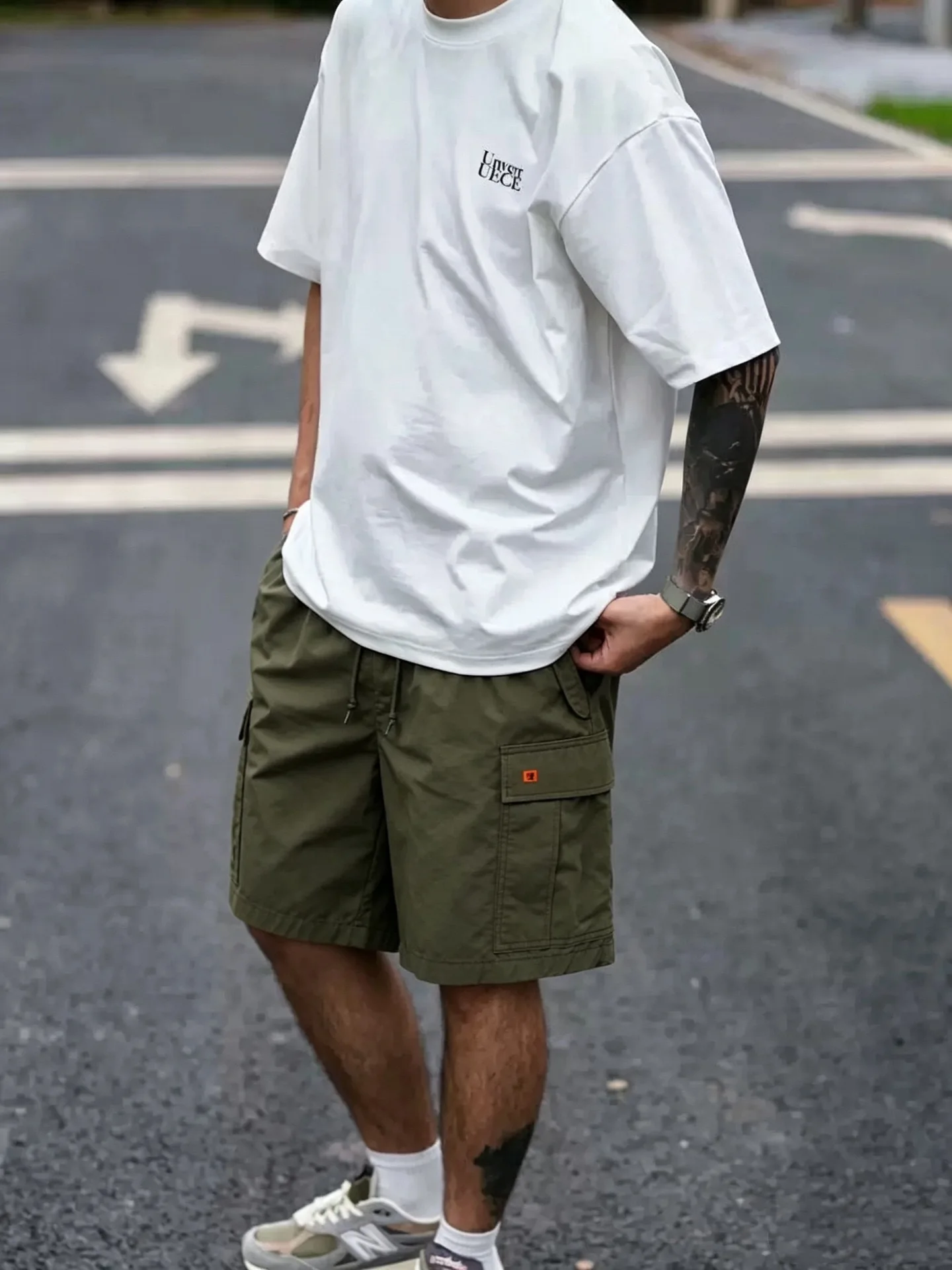 Loose Fit Military Green Workwear Style Short Pants Men's Summer Shorts Multiple Pockets Five-Quarter Length Hard Man Style