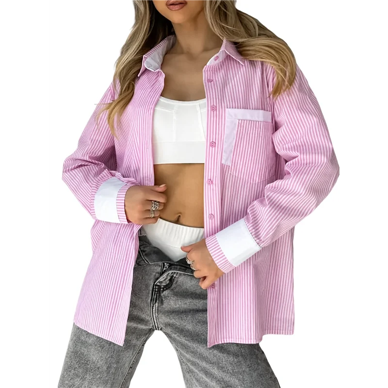 

AOAO-Women's Striped Button Down Shirts Long Sleeve Office Casual Business Blouses With Pocket