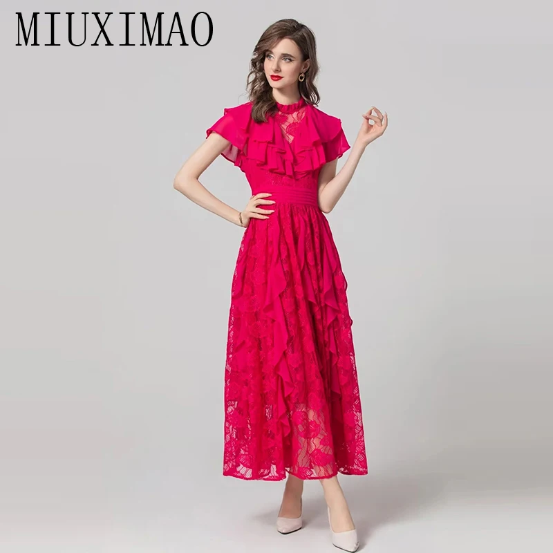 

MIUXIMAO 2024 Summer Elegant Pretty Dress Women's O-Neck Ruffles Splice Irregularity Draped Travel Lace Long Dress Vestides