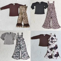 Wholesale Kids Outfit Clothes Fall Winter Baby Girls Clothing Ruffle Cotton Solid Shirt Cow Print Leopard Overalls Pants Set