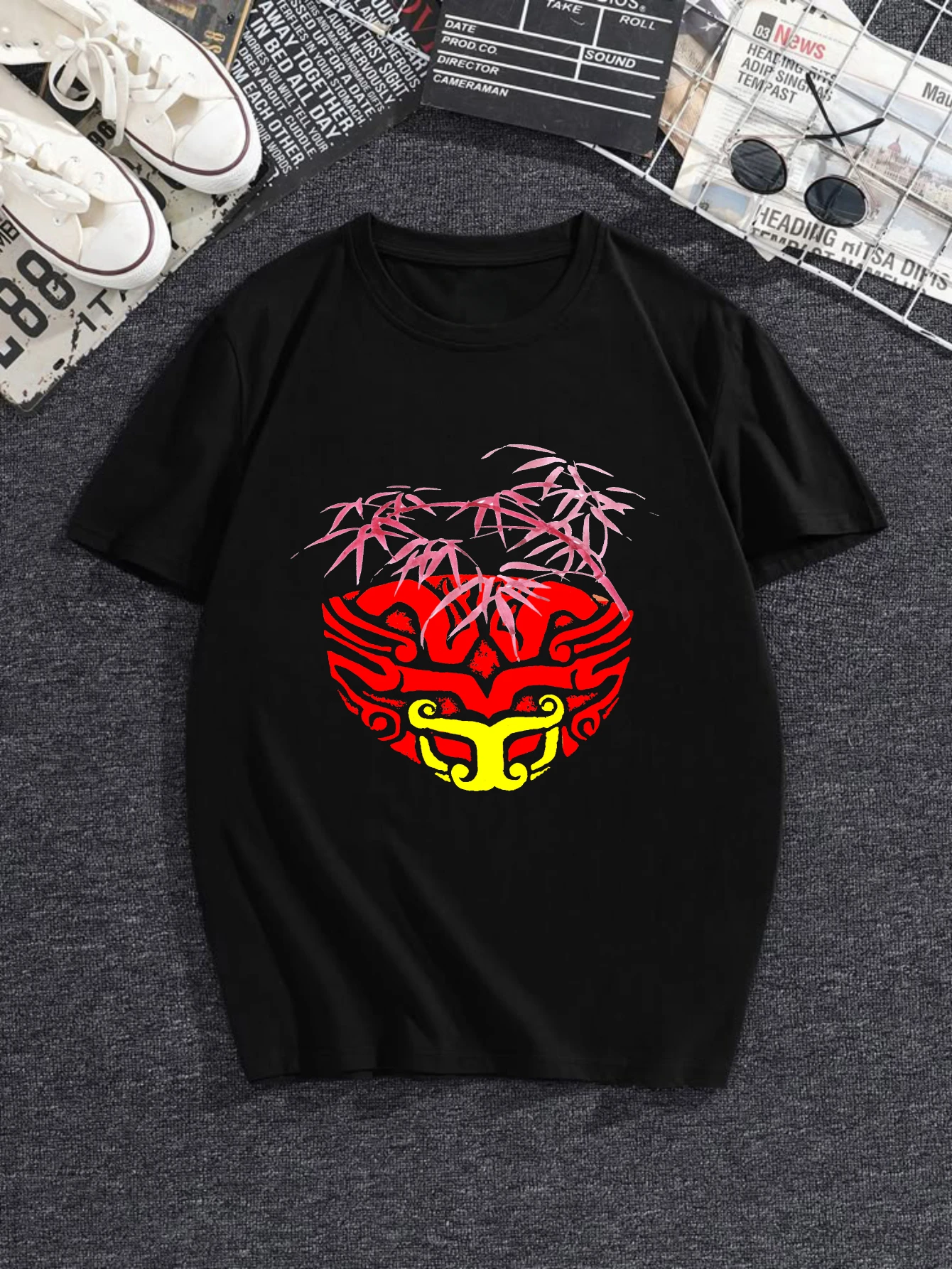

Women's T-shirts Chinese style 90s vintage clothes Basic Oversize Tee Y2k Casual 100% cotton Red Mask With Bamboo printed te