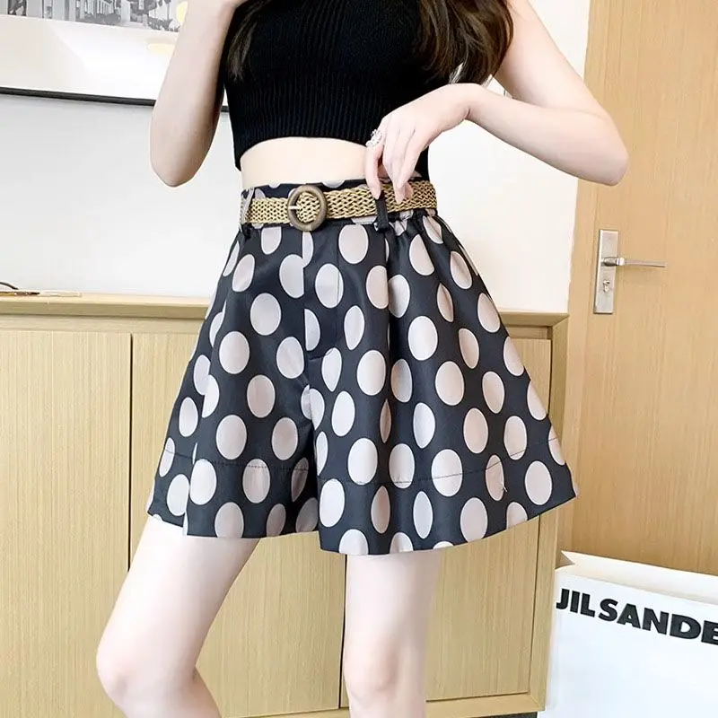 Y2K Summer Women Dot Print Streetwear Casual Chic Short Pants Trendy Pockets Loose Office Lady High Waist A-line Wide Leg Shorts