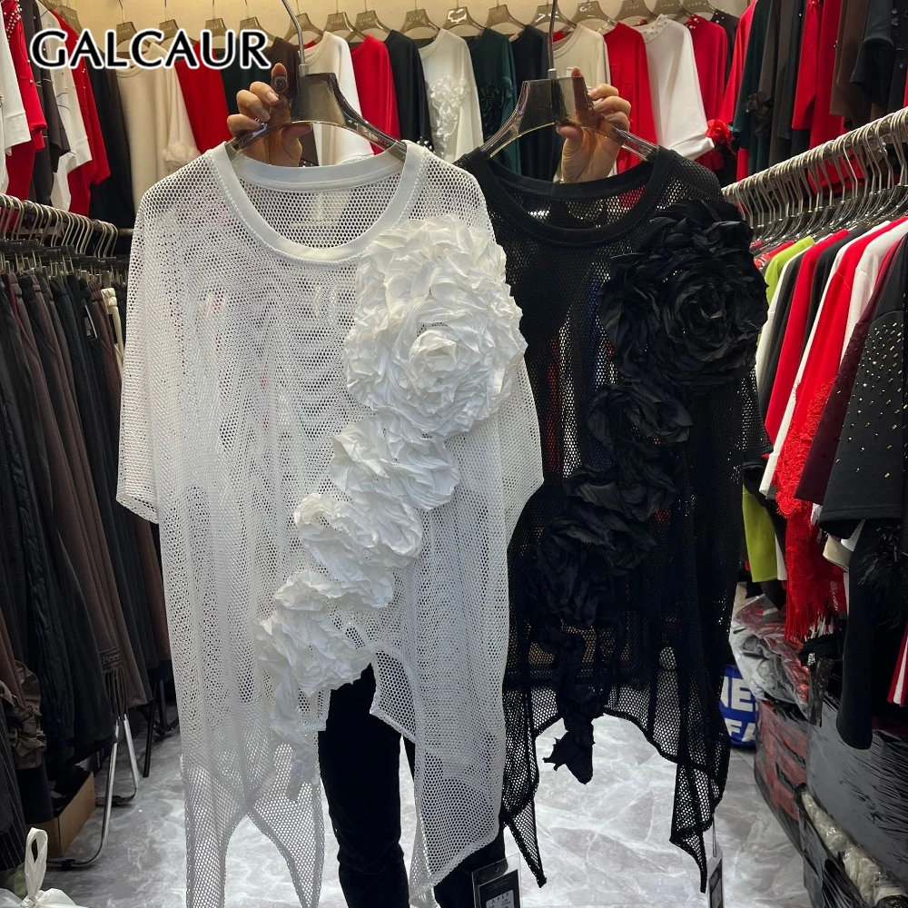 

GALCAUR Solid Spliced 3D Flower Irregular Shirt Female O Neck Short Sleeve Loose Hot Girl Women's Shirts Summer Fashion Style