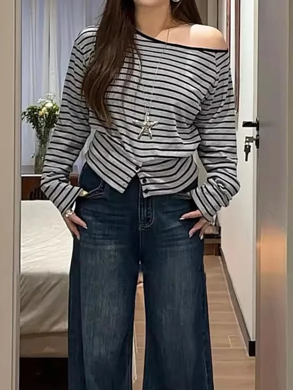 

Женский трикотаж больших размеров, длинный све, асимметричный дизайн в полоску с утягивающим корейским топом на раннюю осень