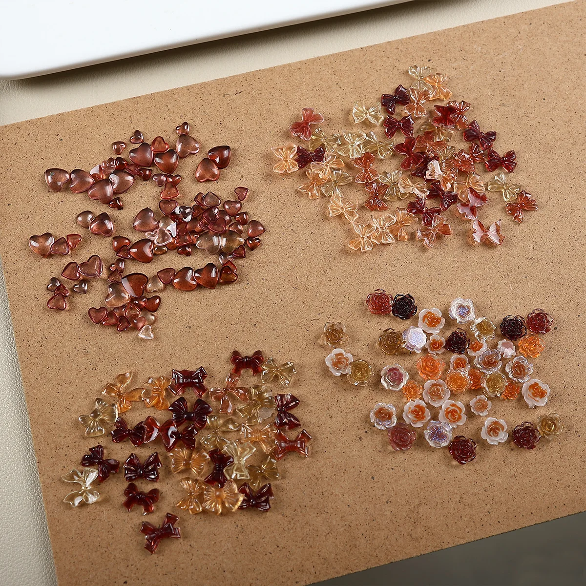100PCS Ice Clear Maillard Mix Various Heart Ribbon Bow Camellia Flower Resin Nail Rhinestones Decorations Manicure Autumn Charms