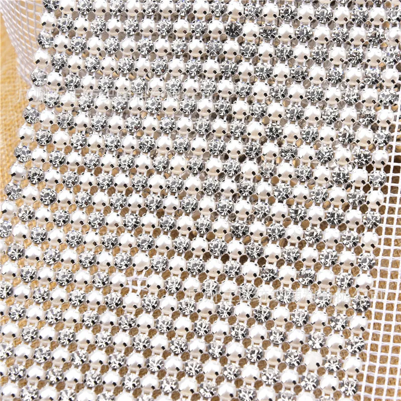 1 Yard Clear Faux Pearl Rhinestone Crystal Mesh Sew On Trims Wedding Dress Costume Applique Jewelry Making