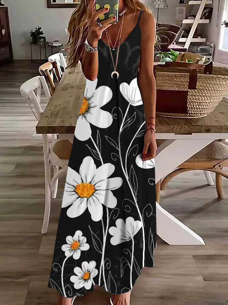 

2025 Summer Daily Casual Women's Halter Dress 3D Flower Print Women's Long Dress Urban Street Fashion Women's Sleeveless Dress