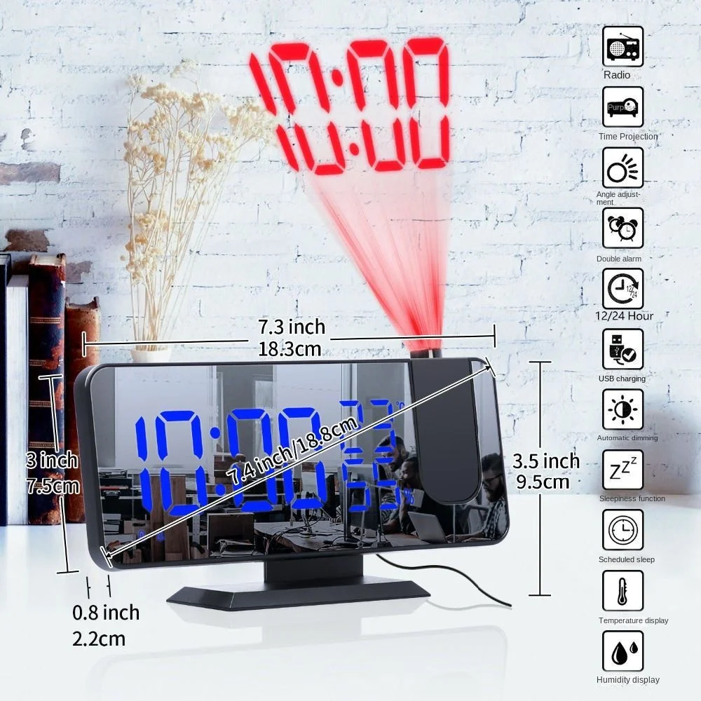 

Multifunctional Temperature and Humidity Radio Projection Alarm Clock LED Mirror Clock Electronic Creative Digital Clock