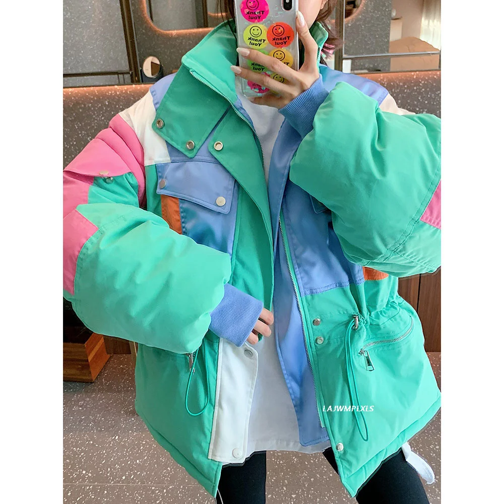 Korean hooded Color cotton-Parkas Women\'s tooling contrast color stitching Large pocket jacket Women