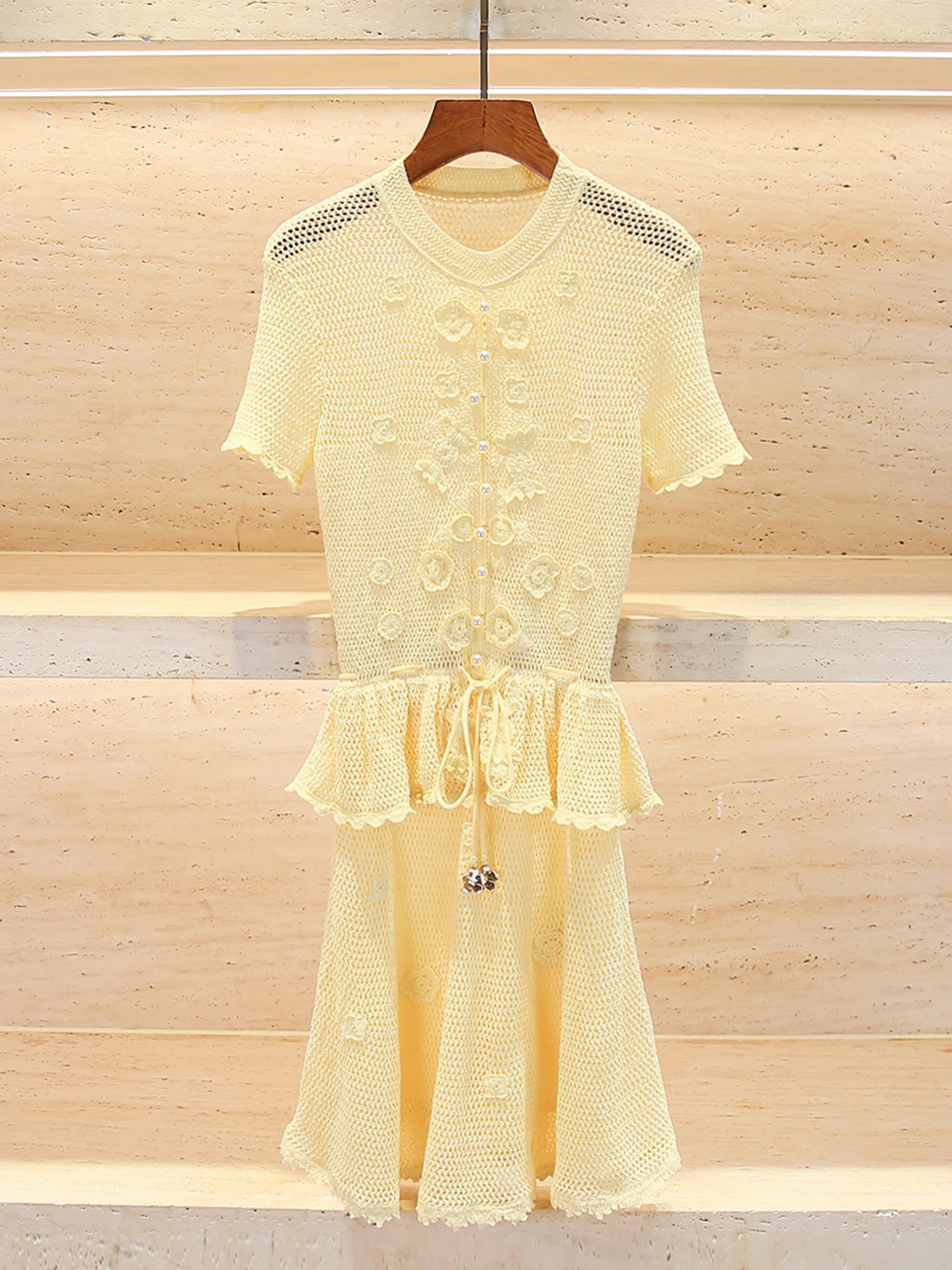 

High-End Knitted Floral Hook Dress for Women Spring Summer Autumn A-Line Skirt Short Sleeve Retro Style Gathered Waist