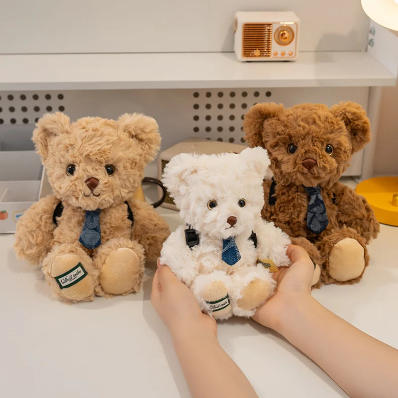 

21-42cm Cute Fluffy Hair Running Little Bear Soft Stuffed Animals 3 Color Bears Wear Backpack Baby Appease Doll for Girl Gifts