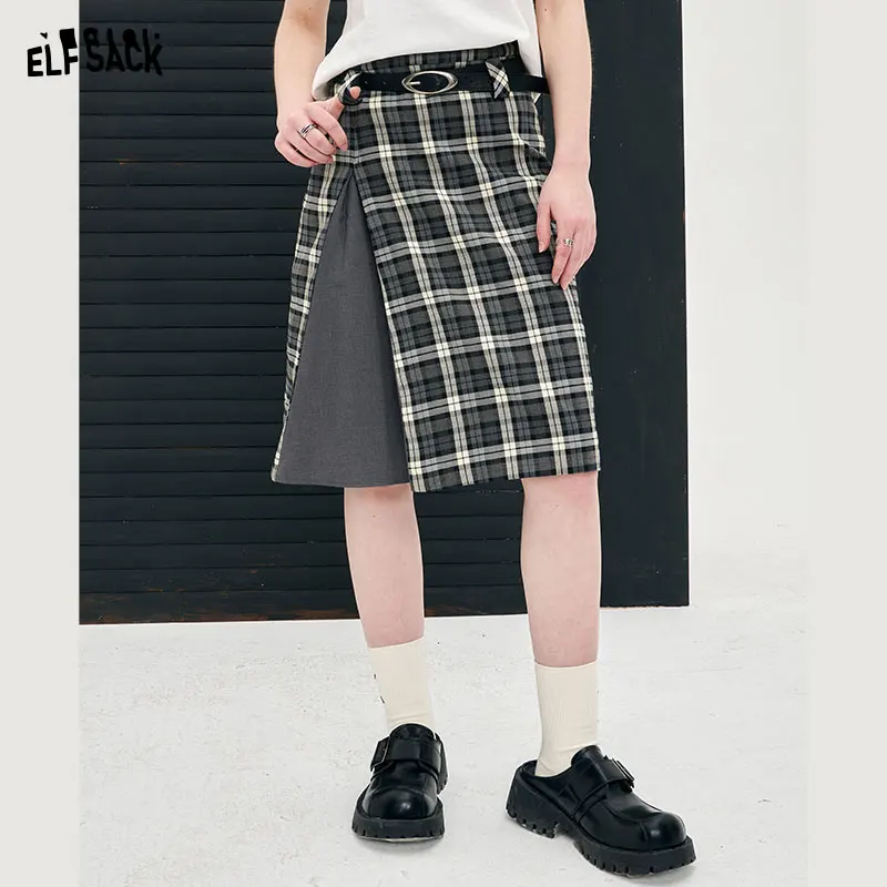 

ELFSACK gery contrast plaid mid length skirt for women 2024 spring academic style versatile high-rise zipper sweet girl skirt