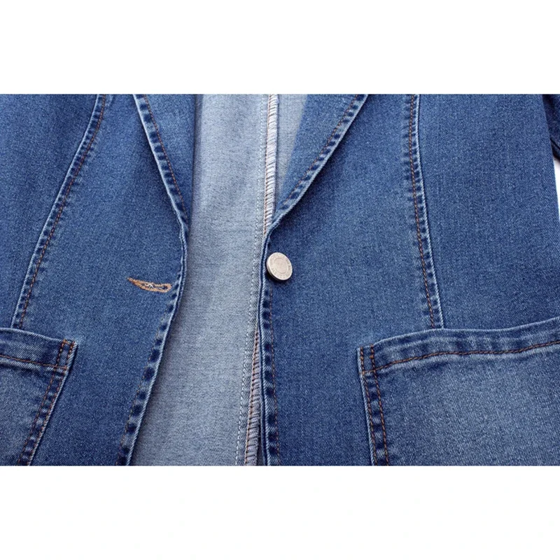 Vintage Blau Dünne Kurze Anzug Kragen Denim Jacke Mantel Frauen Koreanische Cowboy Oberbekleidung Große Tasche Langarm Jeans Jacke Weibliche