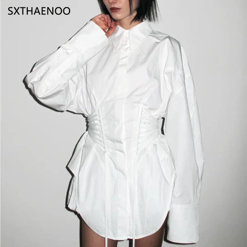 

SXTHAENOO Solid Spliced Lace Up T Shirts for Women Lapel Long Sleeve Patchwork Single Breasted Fashion Top Female Clothing 2025