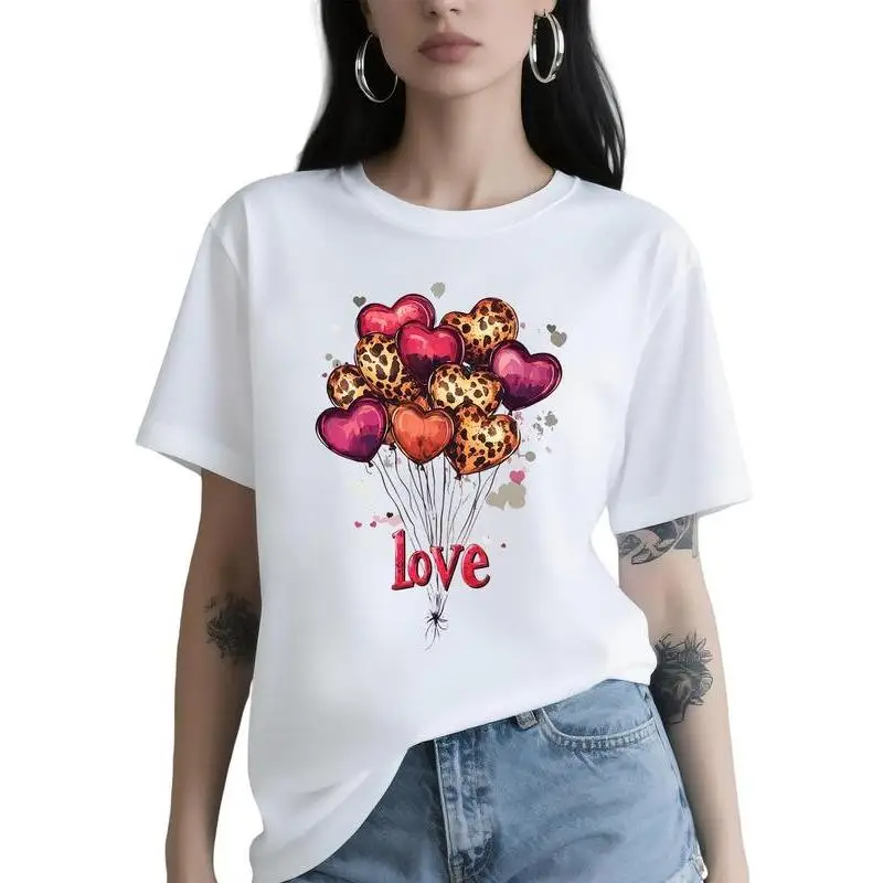 

Heart Balloons T-Shirt Women's Love Graphic Tees Leopard Print Valentine's Day Gift Summer Casual Top