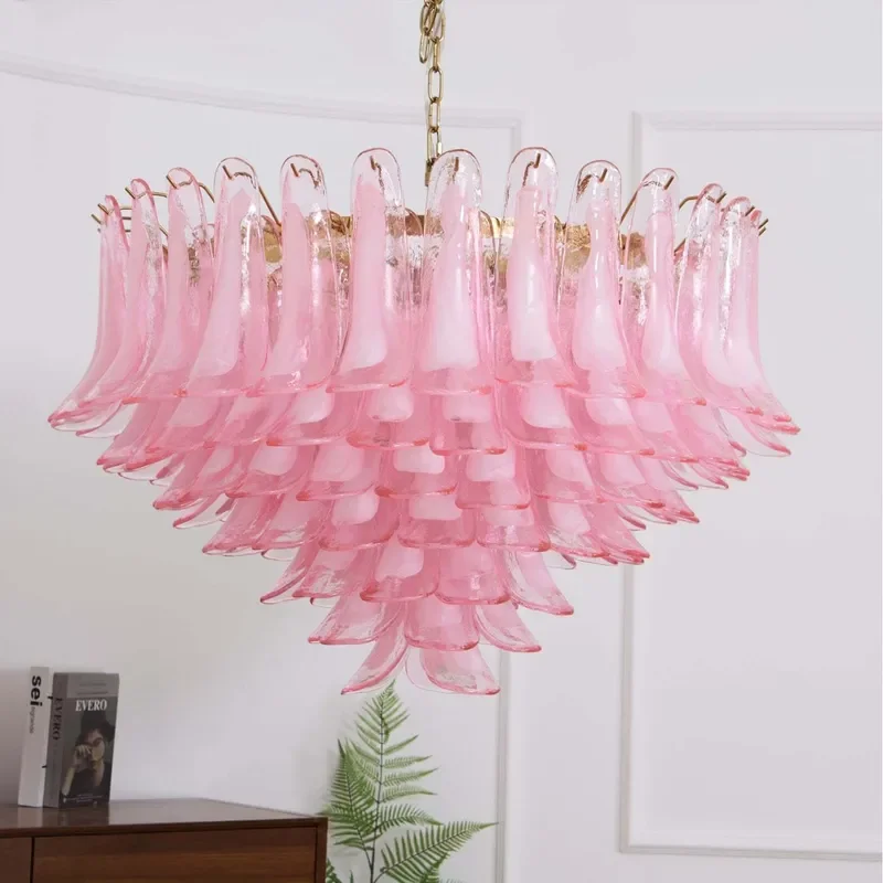 Pink Cloud Glass Chandelier French Style Warm Romantic Pendant Light for Villa Living Room Girl Bedroom Medieval Decor