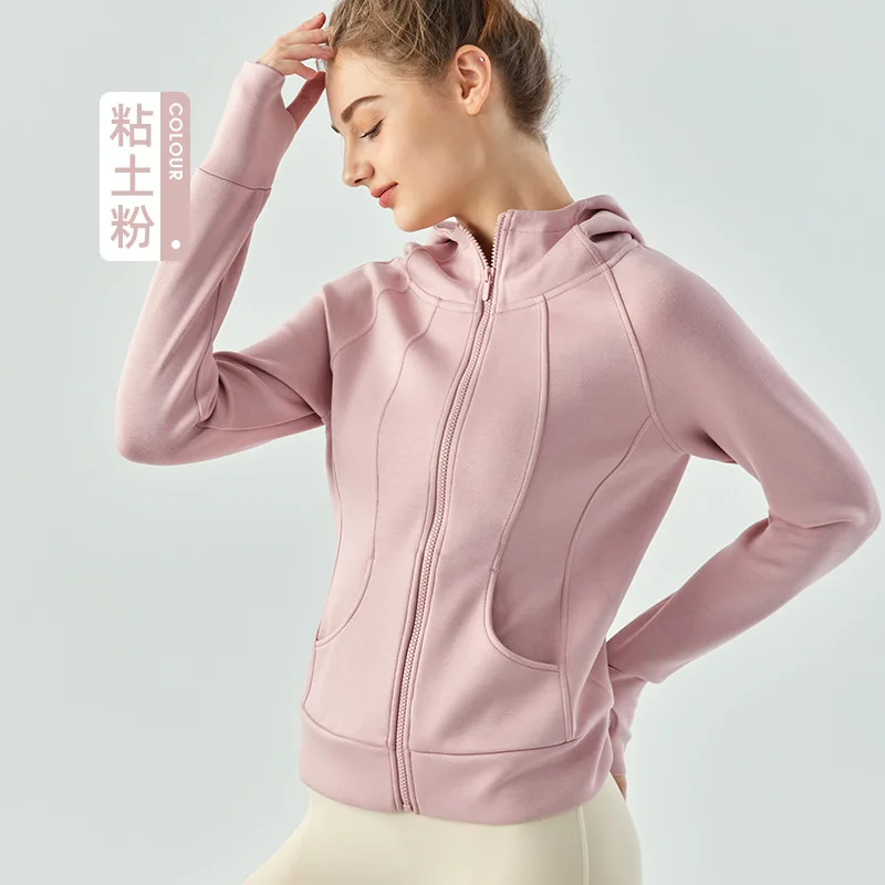 Long Sleeve Zipper Hooded Yoga Jacket Gym Women Yoga Fitness Loose Sports Shirts Outdoor Running Keep Warm Comfortable Tops