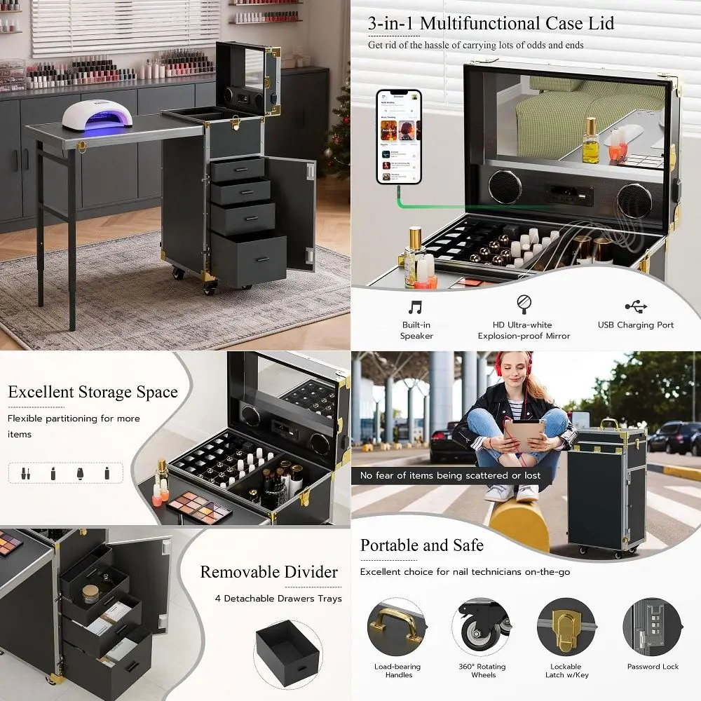 

Rolling Manicure Table Portable Nail Table Station with Pedicure Stool Rolling Makeup Case with Drawers Traveling Manicure Tabl