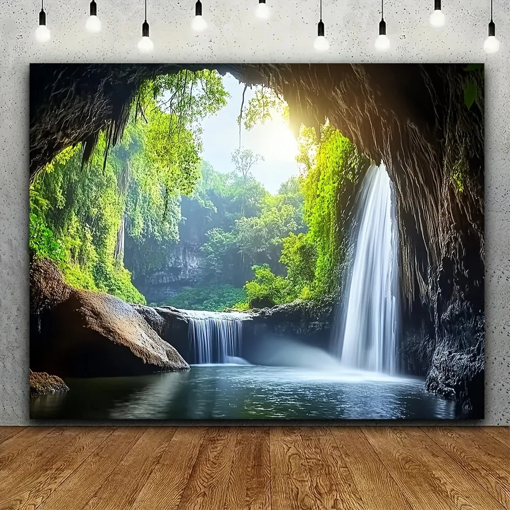 Hidden Waterfall in Lush Jungle Cave Tapestry with Sunlight Beams Nature Scenic Wall Art for Home Decor Serene Landscape Design