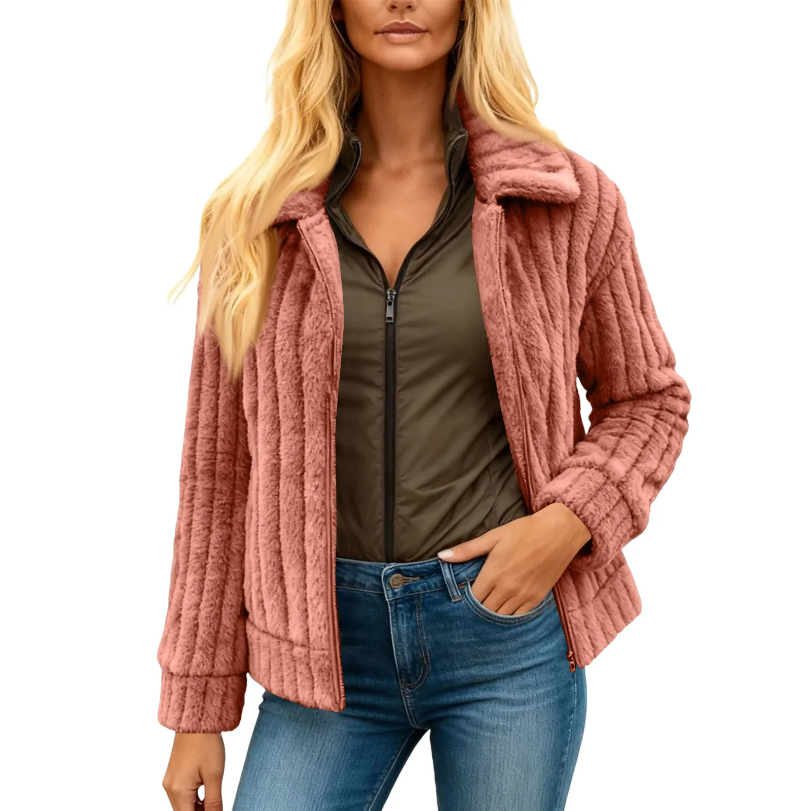 

Женское плюшевое пальто на молнии, осенне-зимняя теплая меховая куртка, модное повседневное меховое пальто с длинными рукавами и лацканами в стиле вестерн на молнии