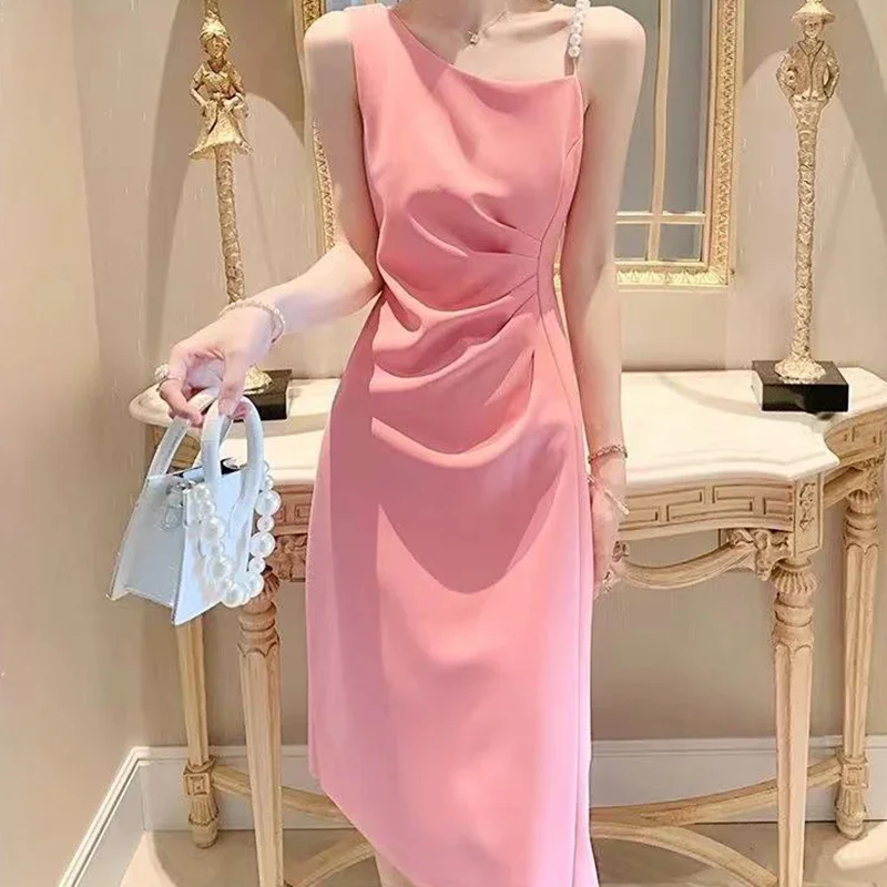 

Pearl Spaghetti Strap Design Mermaid Dress Ladies French Inclined Shoulder Dresses Female Elegant Solid Color Maix Dress Mujer