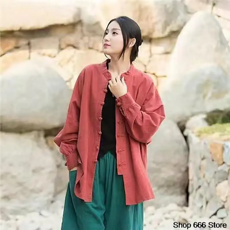 2024 Vrouwen Chinese Traditionele Tang Pak Linnen Zen Thee Hanfu Cardigan Dames Tai Chi Kung Fu Tops Vintage Katoenen Femal Kleding