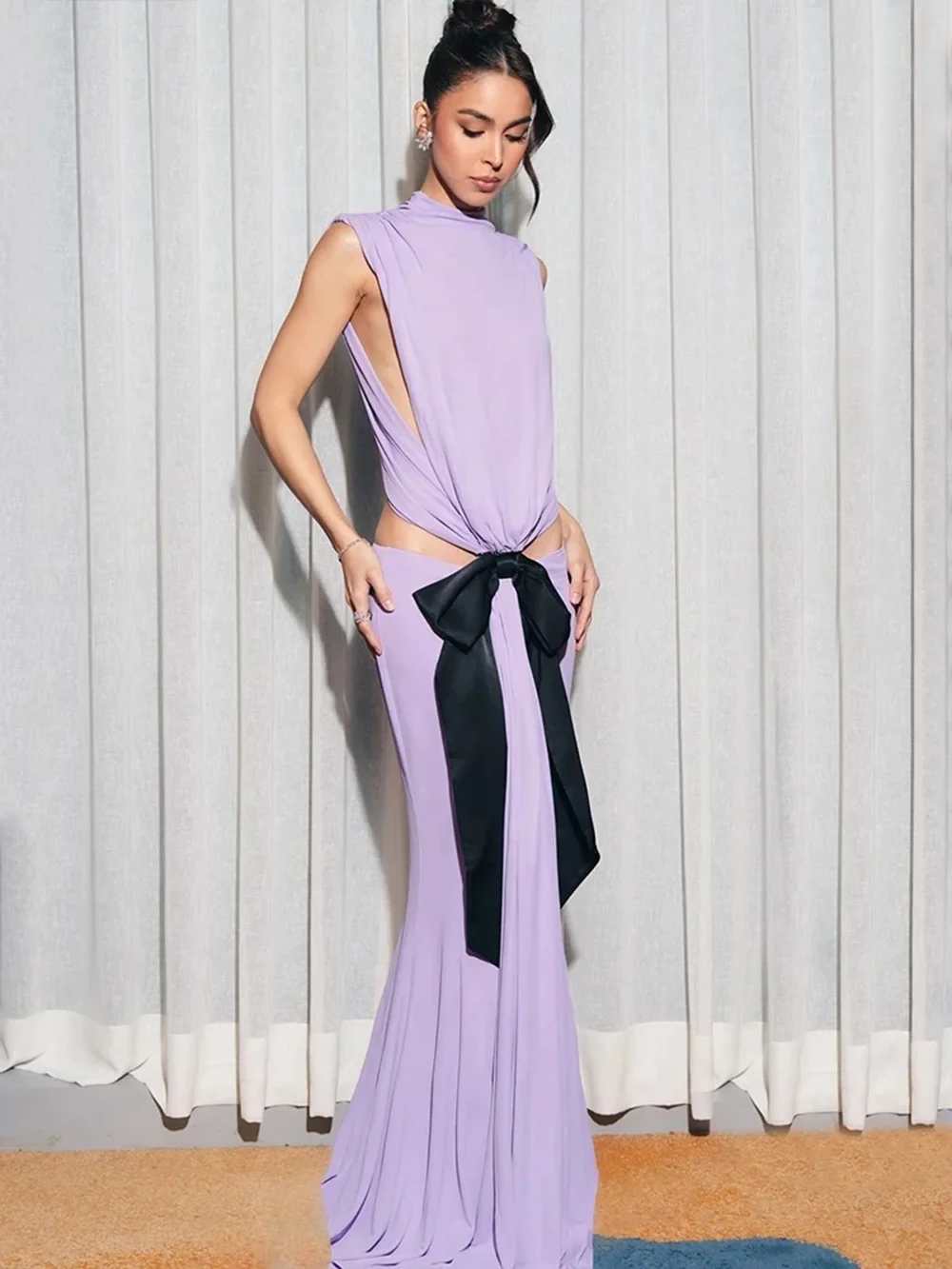 Modphy elegante sem costas cortar magro maxi vestidos para mulher 2025 sexy sem mangas arco longo feriados festa formal vestidos de noite